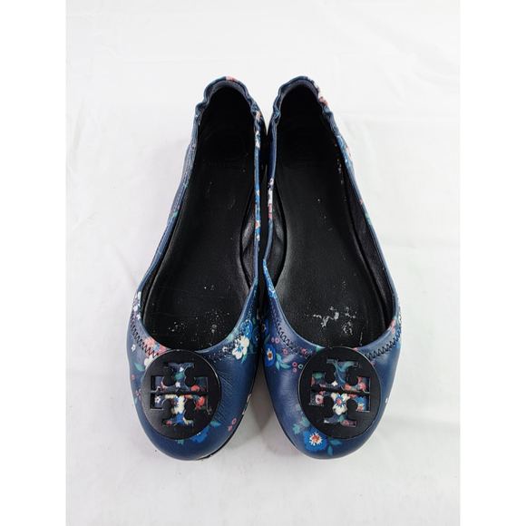 Tory Burch Shoes - Tory Burch Minnie Travel Ballet Flats Blue Pansy Bouquet Floral Print Size 8.5